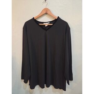 Stephanie Andrews Black Long Sleeve Velvet Trim V-Neck Top Plus Size 2X USA Made